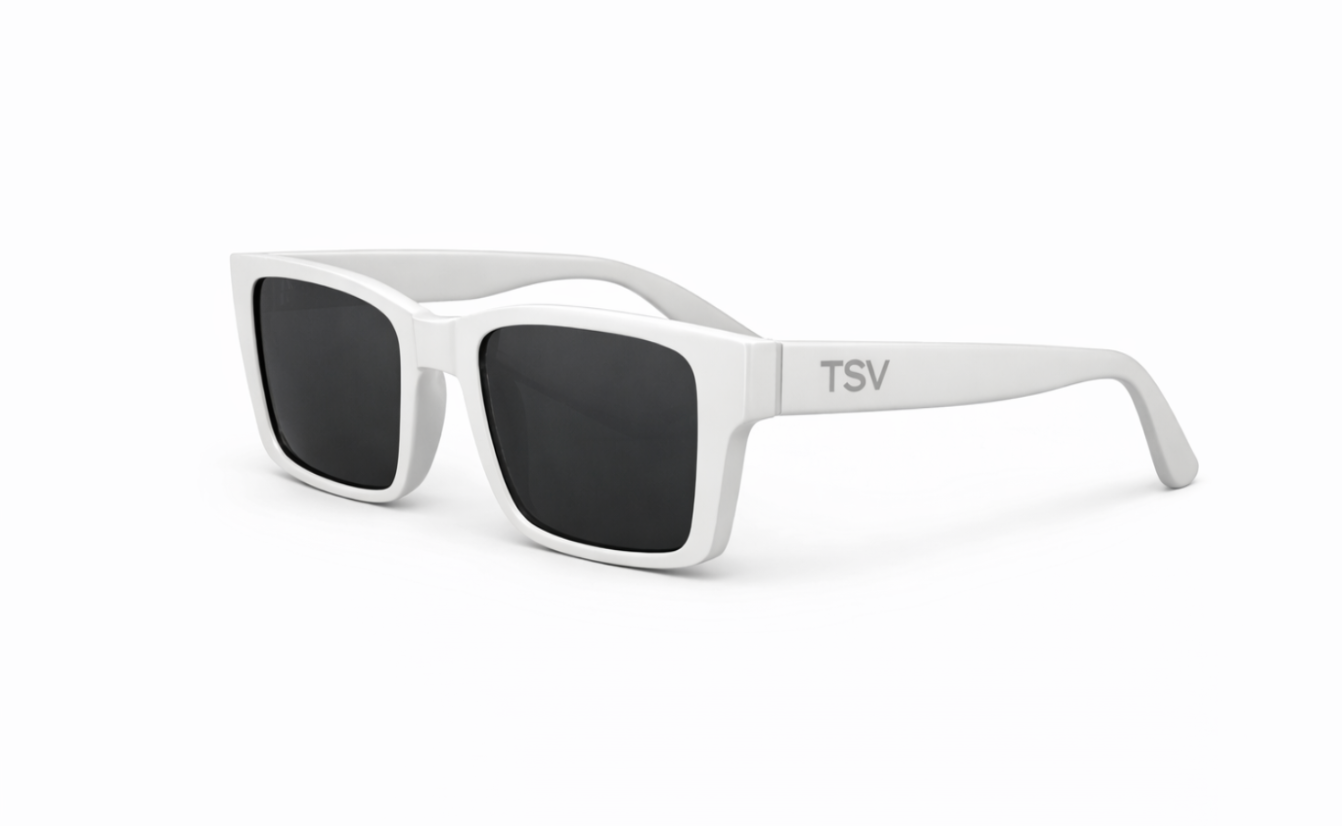 Glossy White Rectangular Frame with Black Lenses